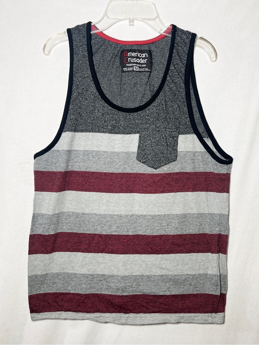 American Crusader Men’s Striped Pocket Tank Top Gray Red M